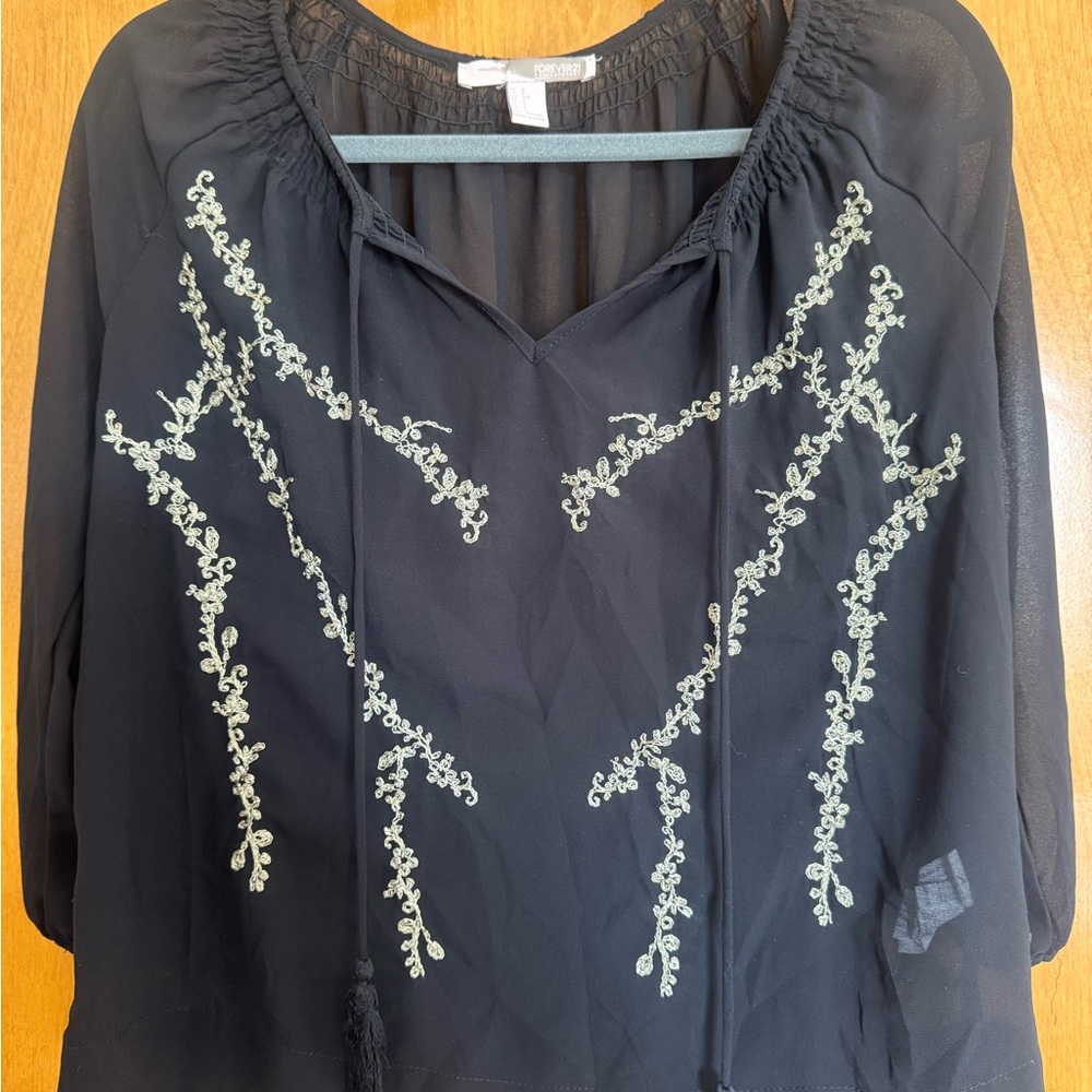 Forever 21 Black Blouse with Green Embroidery